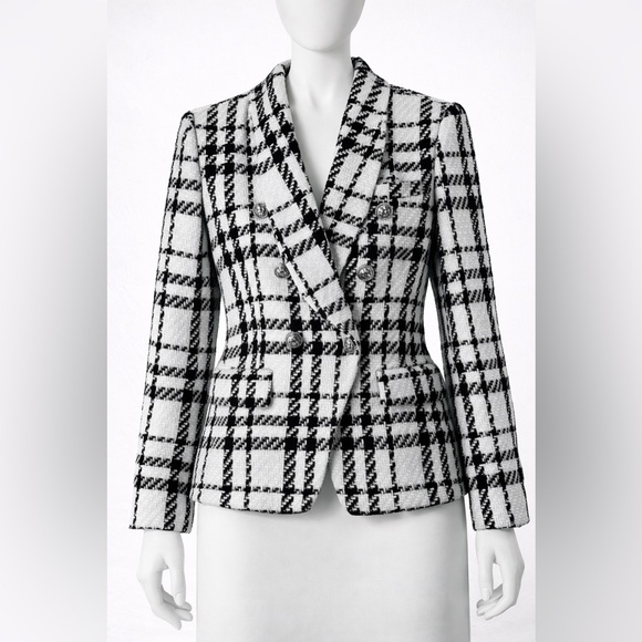 Classic Black and White Tweed Plaid Blazer - Picture 1 of 7